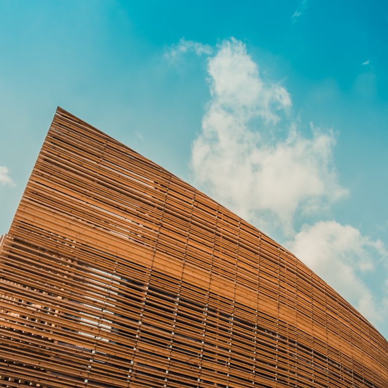 Wooden building with blue sky background