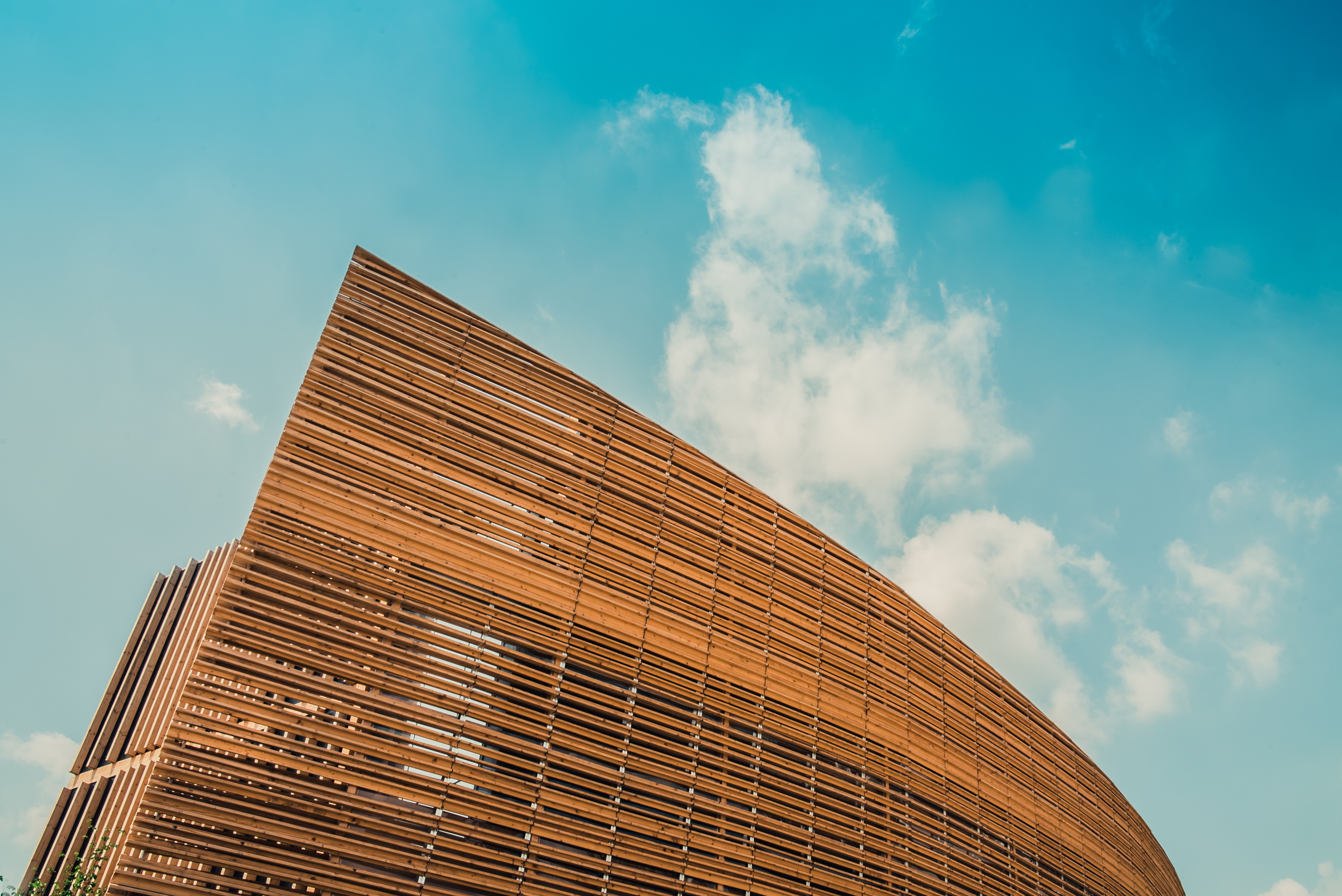 Wooden building with blue sky background