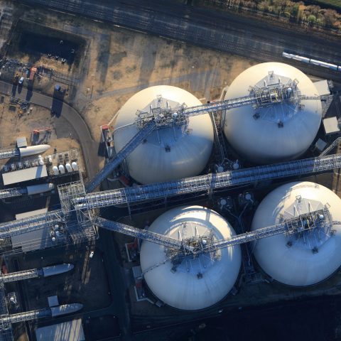 Aerial photo of biomass storage domes, Drax Power Station