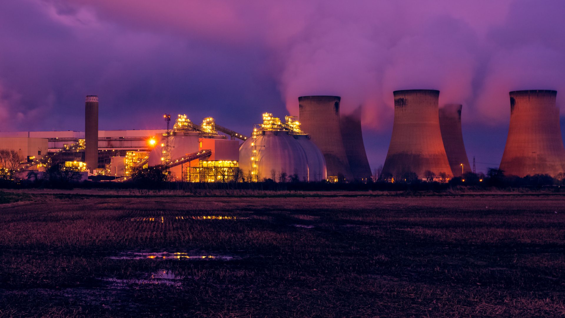 Drax Power Station with biomass storage domes lit up