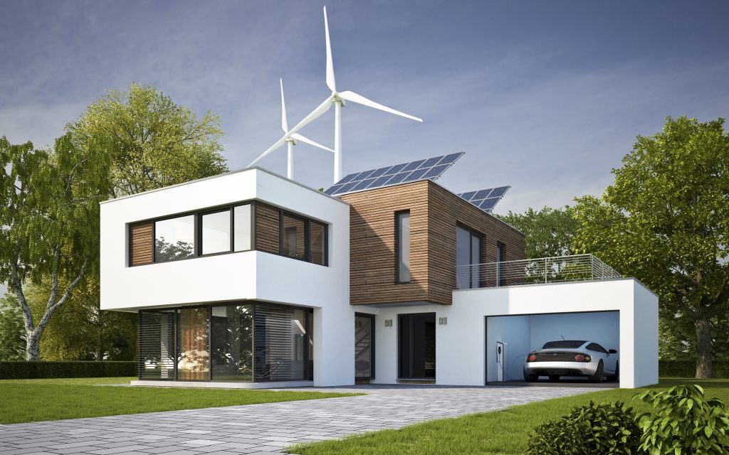 Modern house with wind turbine