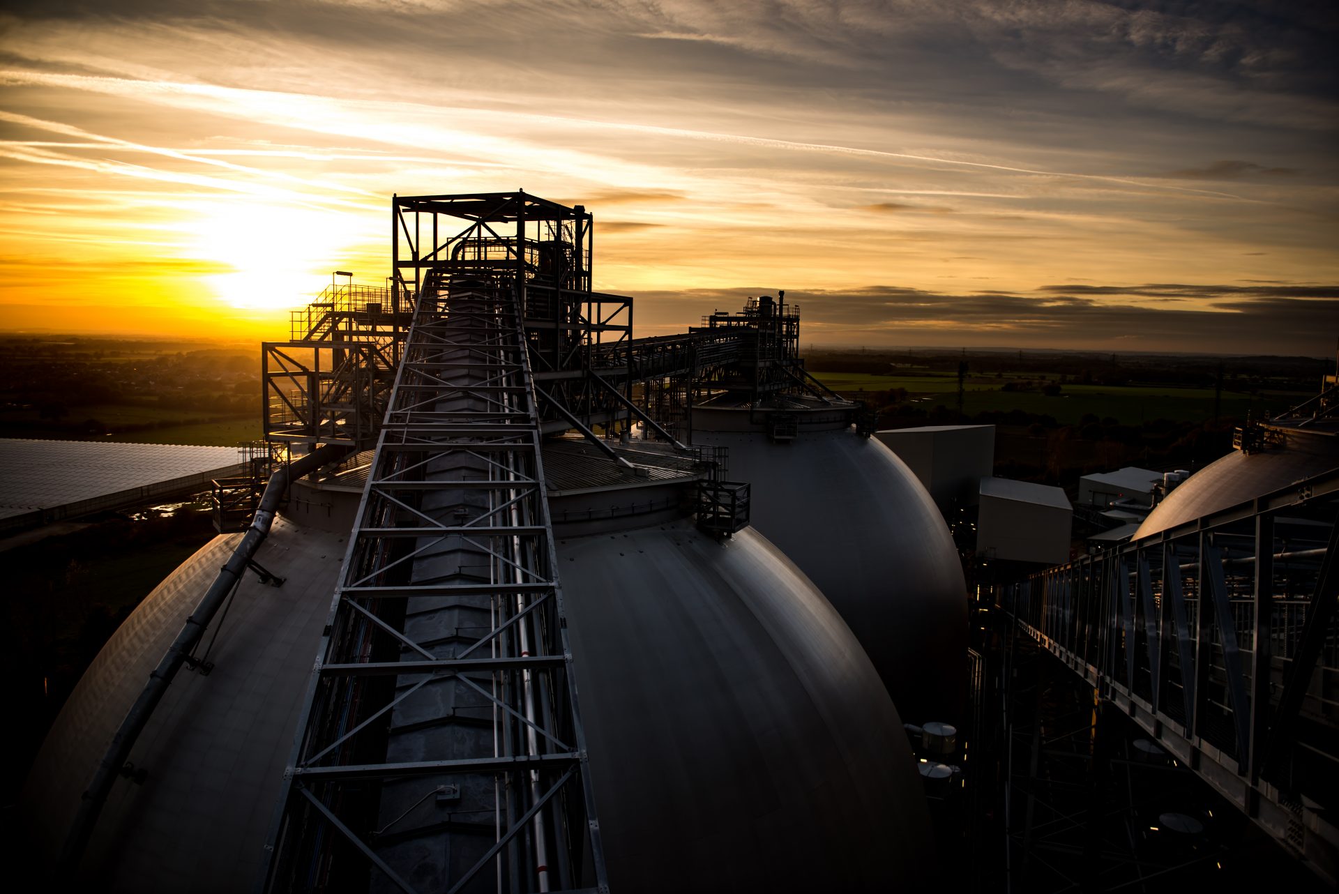 Biomass storage domes at Drax Power Station in North Yorkshire at sunset