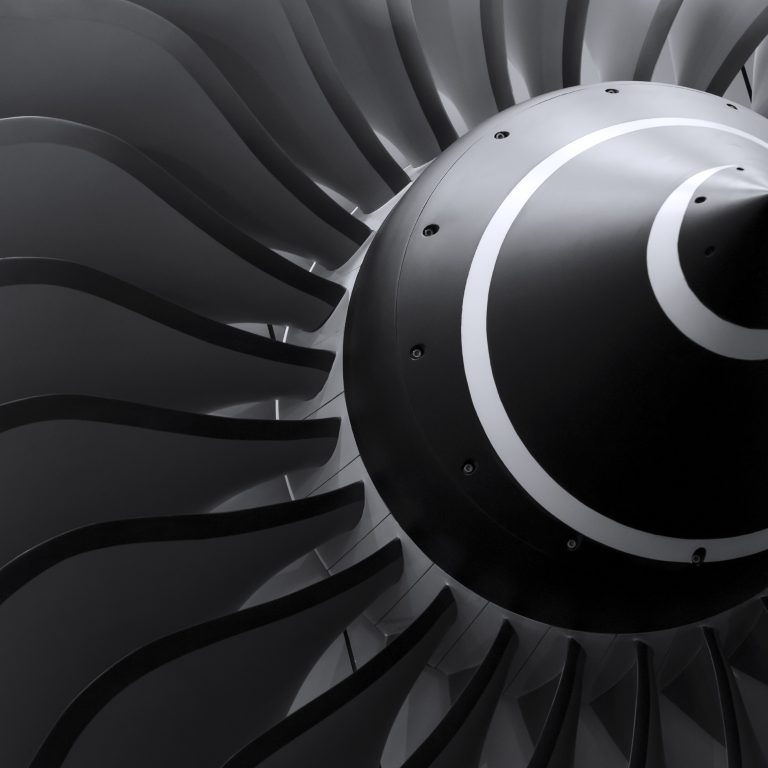 Turbine blades of turbo jet engine for passenger plane, aircraft concept, aviation and aerospace industry