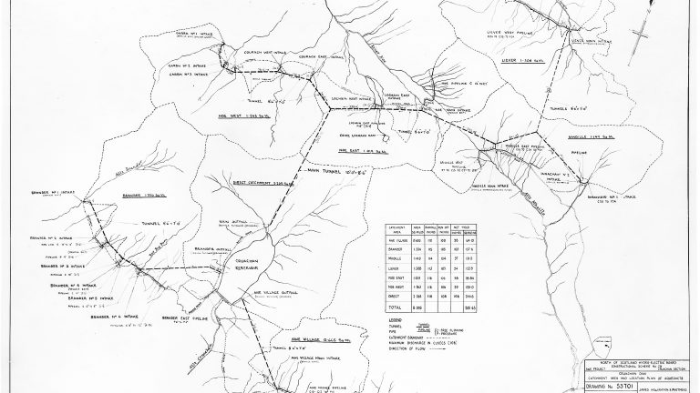 A North of Scotland Hydro-Electric Board diagram from c.1960s showing the aqueducts feeding Cruachan’s dam; click to view/download.