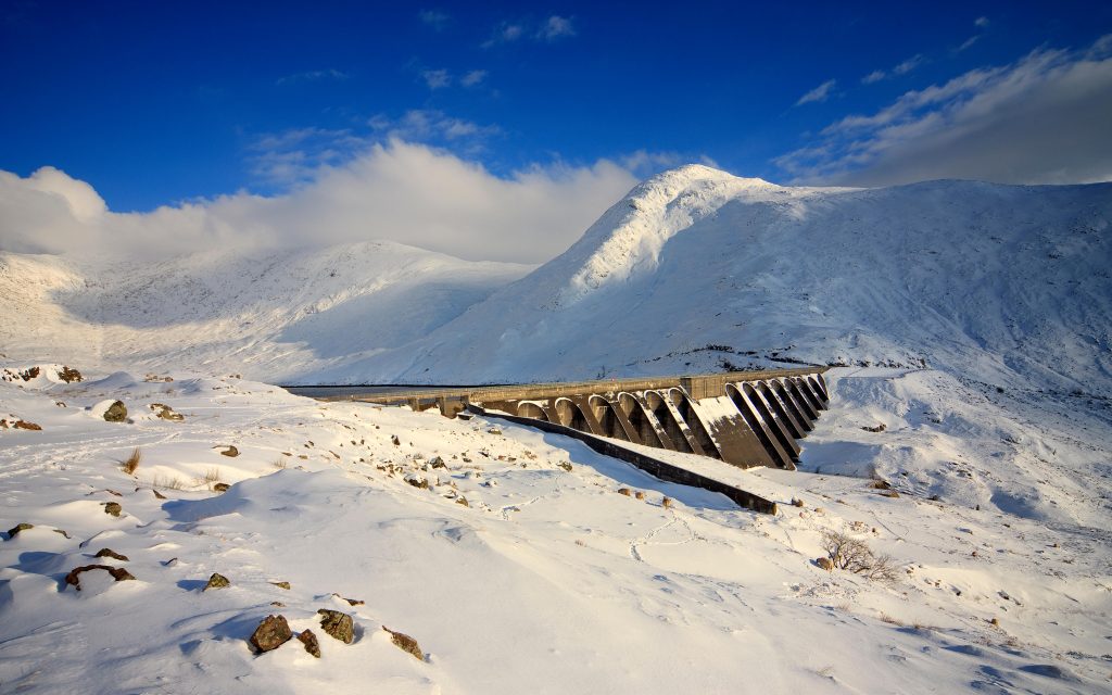Winter snow scene around the Hydro electric Dam on Ben Cruachan,above Loch Awe, Argyll, Scotland