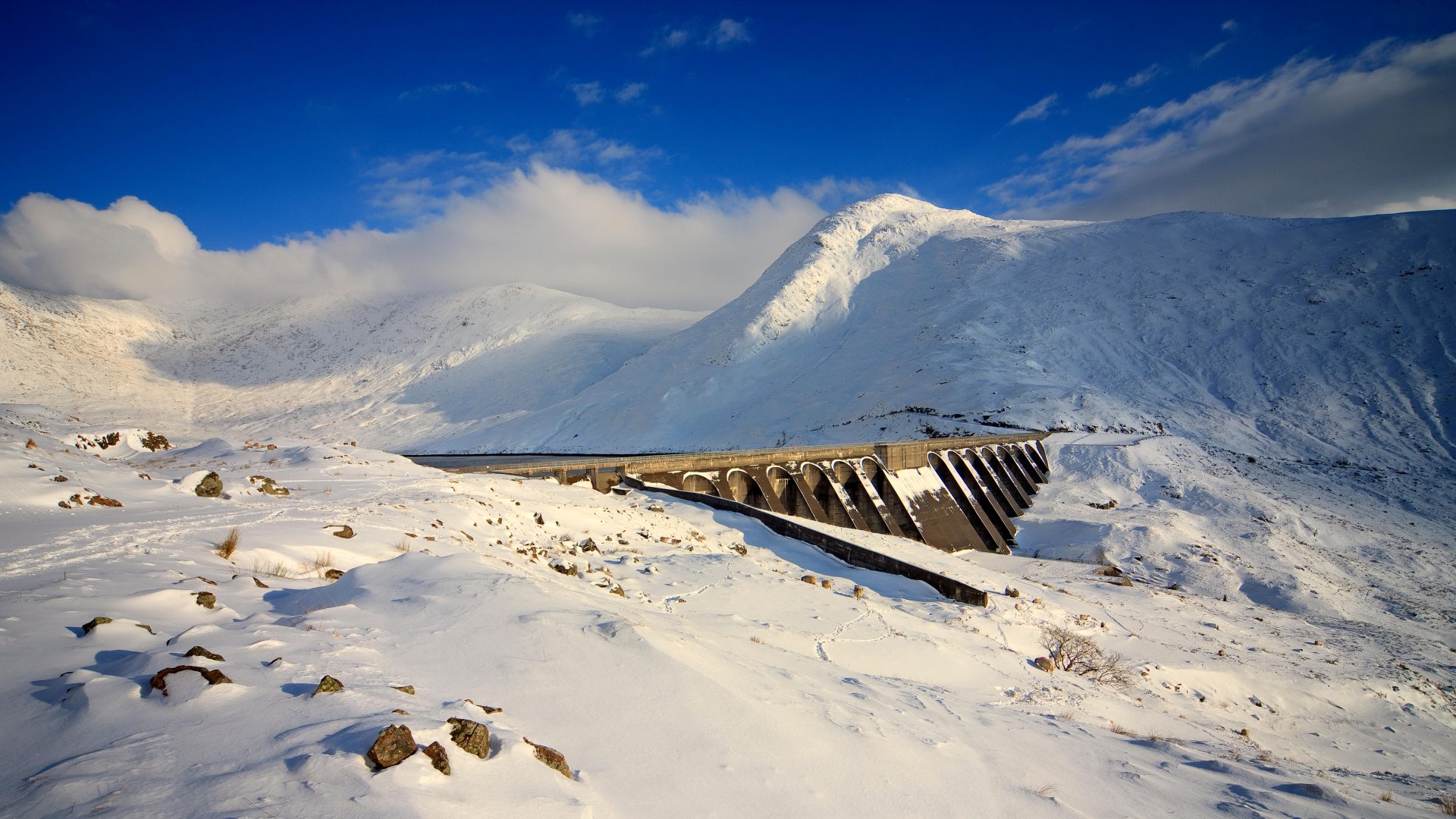 Winter snow scene around the Hydro electric Dam on Ben Cruachan,above Loch Awe, Argyll, Scotland