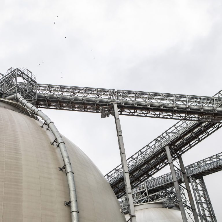Biomass storage domes and wood pellet conveyor system at Drax Power Station, 2019