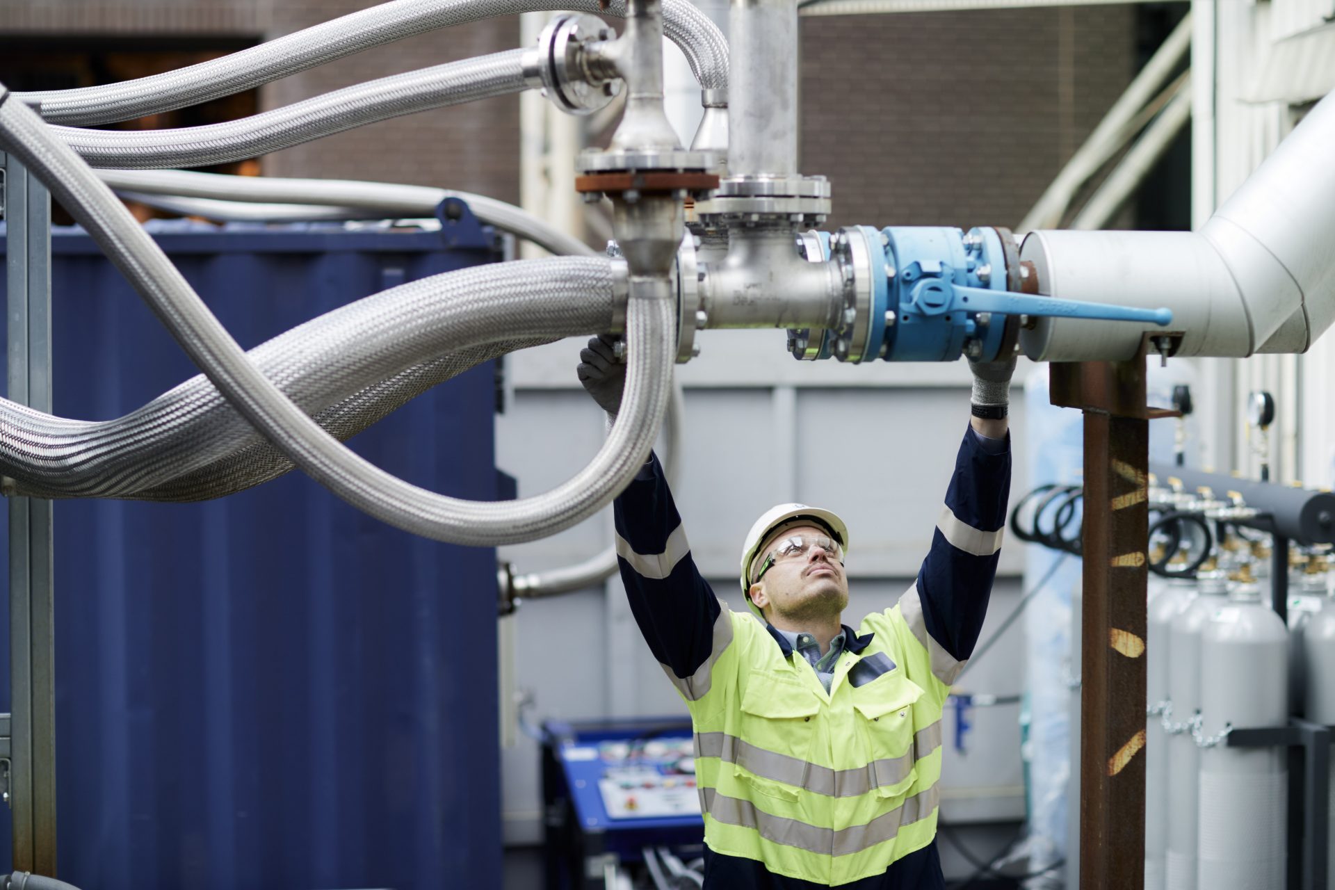 Innovation engineer inspecting CCUS incubation area BECCS pilot plant at Drax Power Station, 2019