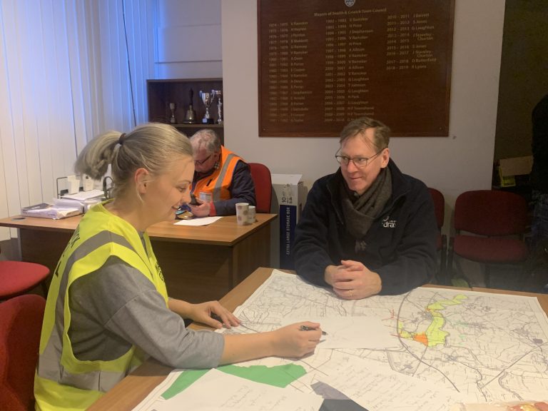 Drax Group CEO Will Gardiner discussing flood response with Vicky Whiteley, Town Clerk, Snaith, on Saturday 29 February 2020