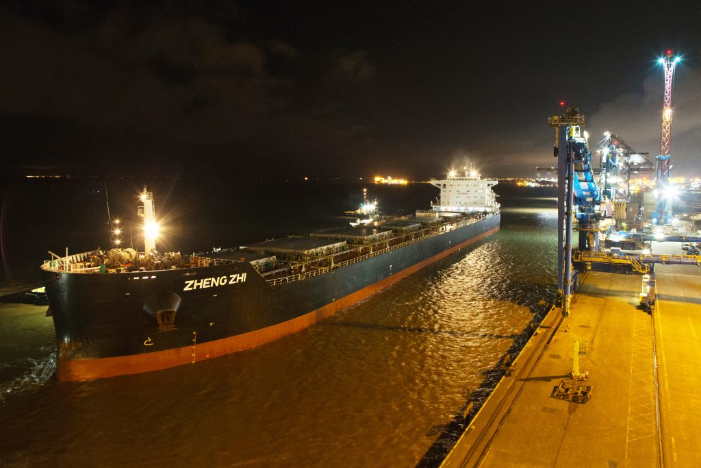 The Zheng Zhi bulk carrier arriving at ABP Immingham. Its cargo of sustainable biomass wood pellets is destined for Drax Power Station -- the UK's biggest renewable power station. 