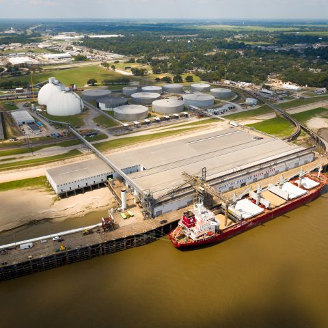 Sustainable biomass wood pellets being safely loaded at the Port of Greater Baton Rouge onto a vessel destined for Drax Power Station