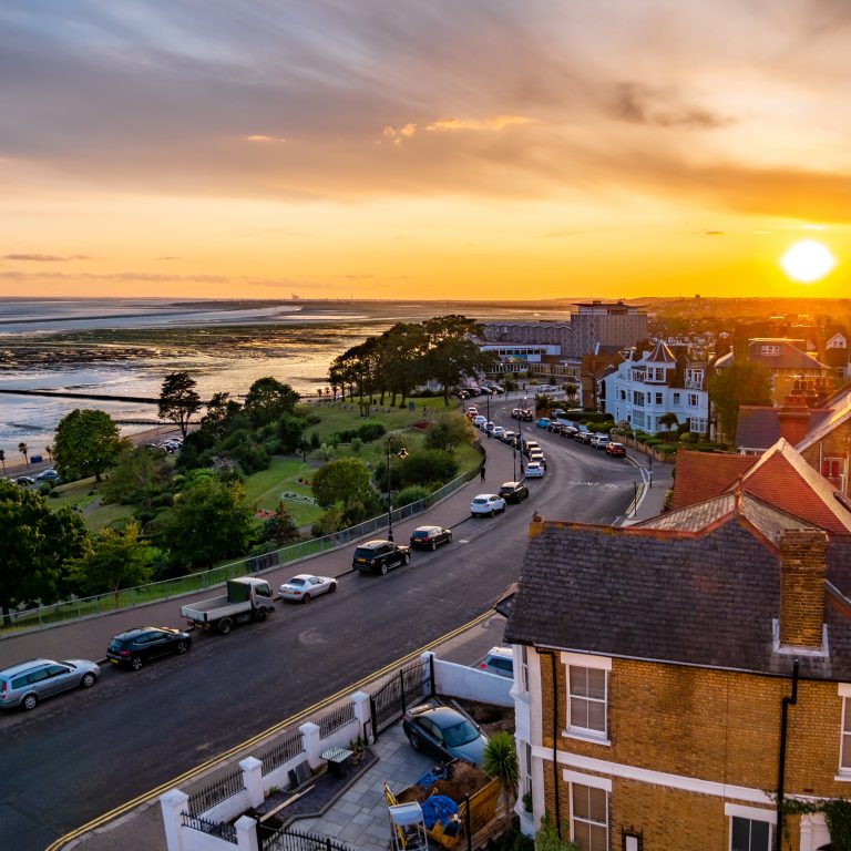 Aerial view of the skyline in Southend on sea village in sunset light.