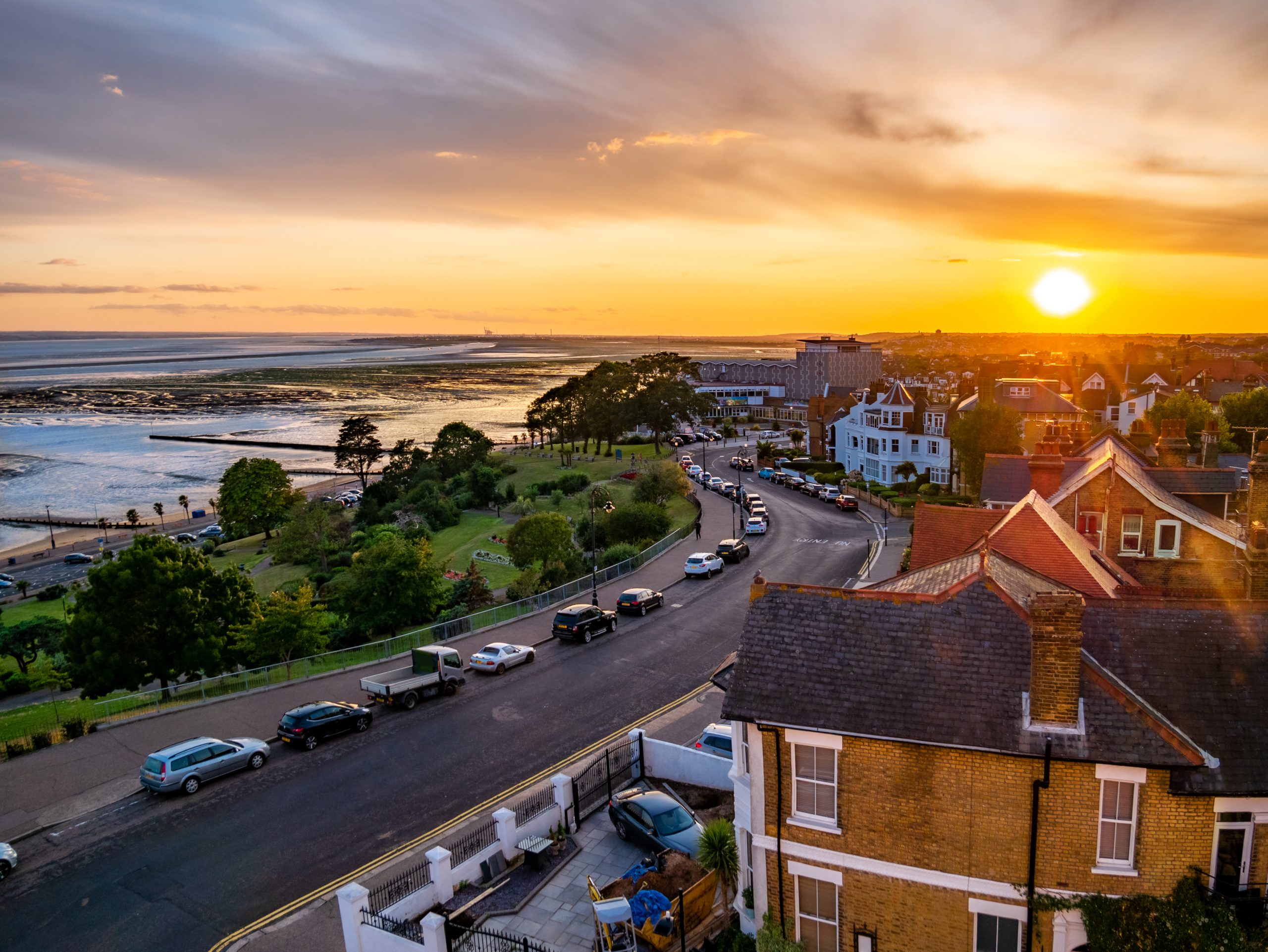 Aerial view of the skyline in Southend on sea village in sunset light.
