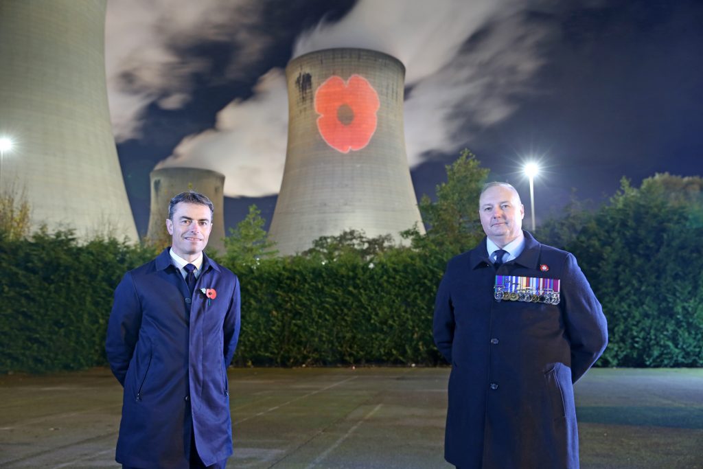 Bruce Heppenstall, Plant Director at Drax and Alex Wood Warehouse Manager and ex-Arm Staff Sergeant in front of the cooling tower.