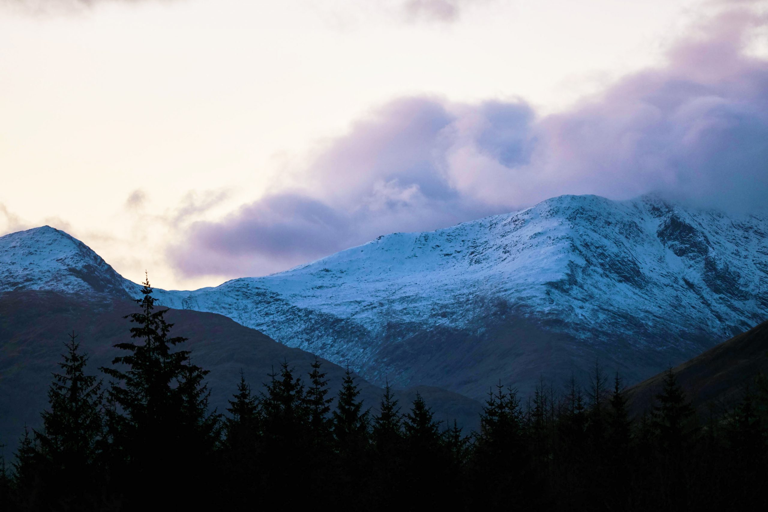 Snow on mountains near Cruachan Power Station, Scotland