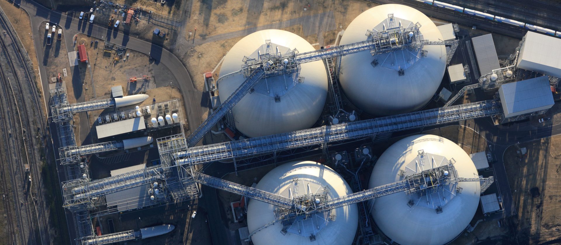 Aerial photo of biomass storage domes, Drax Power Station