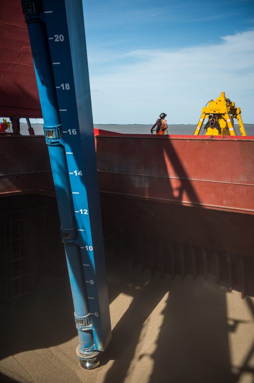 Unloading sustainable biomass wood pellets destined for Drax Power Station from a vessel at the port of Immingham