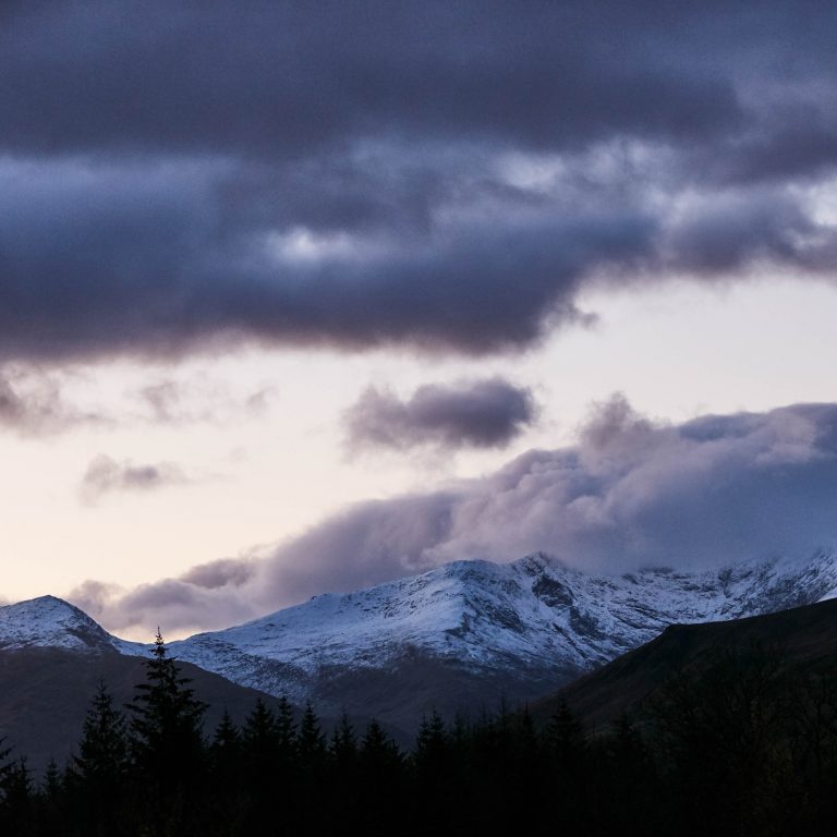 Snow on mountains near Cruachan Power Station, Scotland