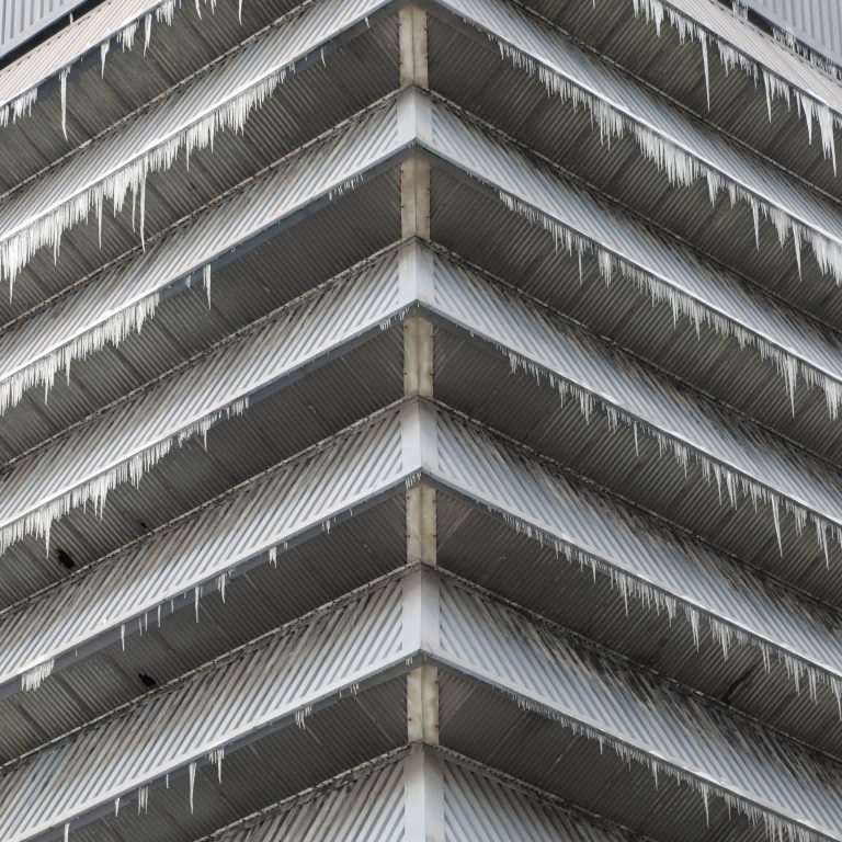 Close up of icicles on building within Drax Power Station