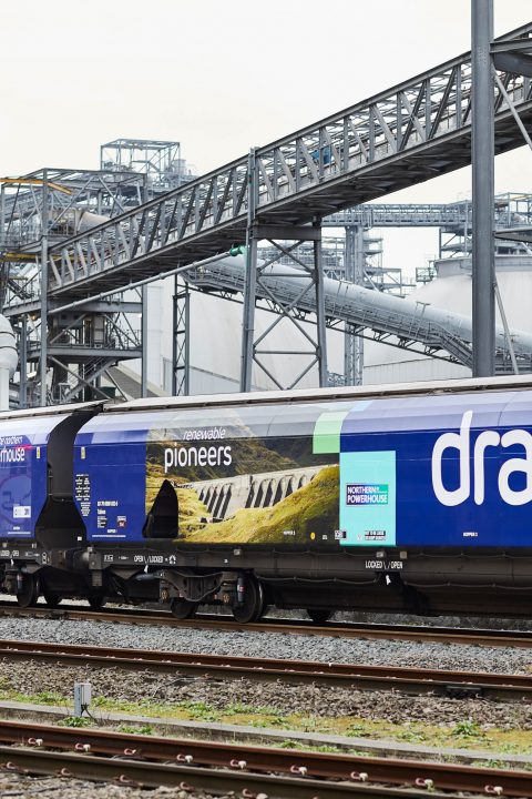 Drax biomass wagons entering rail unloading building