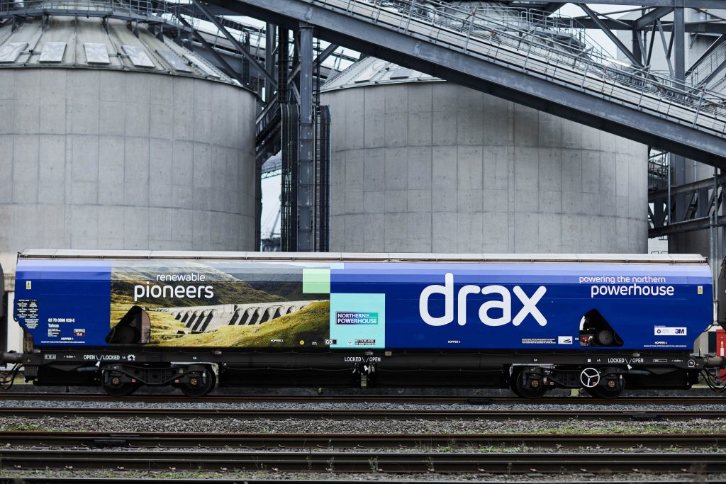 Train transporting biomass wood pellets arriving at Drax Power Station