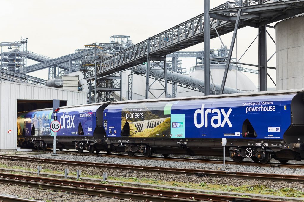 Train carrying sustainably sourced compressed wood pellets arriving at Drax Power Station in North Yorkshire