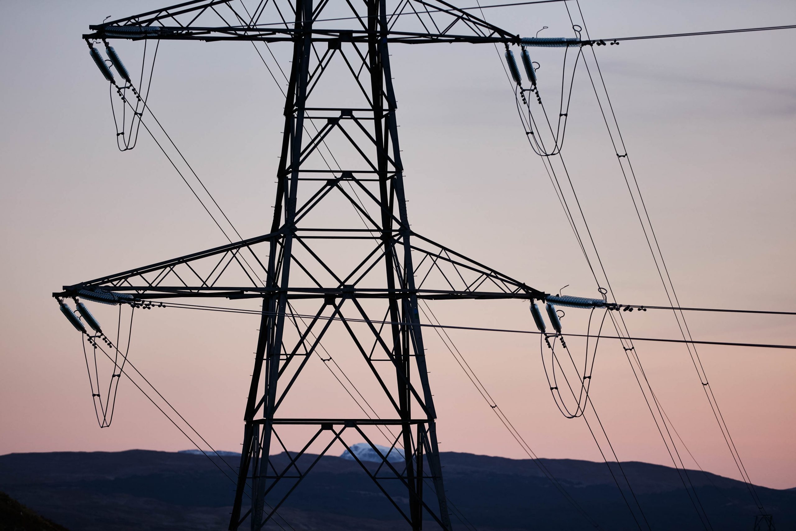 Pylon that takes excess wind power to be stored at Cruachan pumped hydro storage power station in Scotland