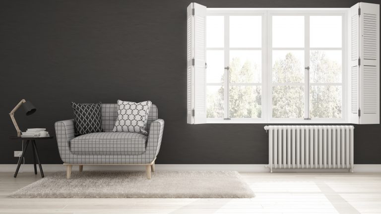 Minimalist living room, simple white and gray living with big window, scandinavian classic interior design