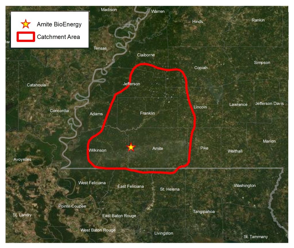 Map showing Amite BioEnergy catchment area boundary
