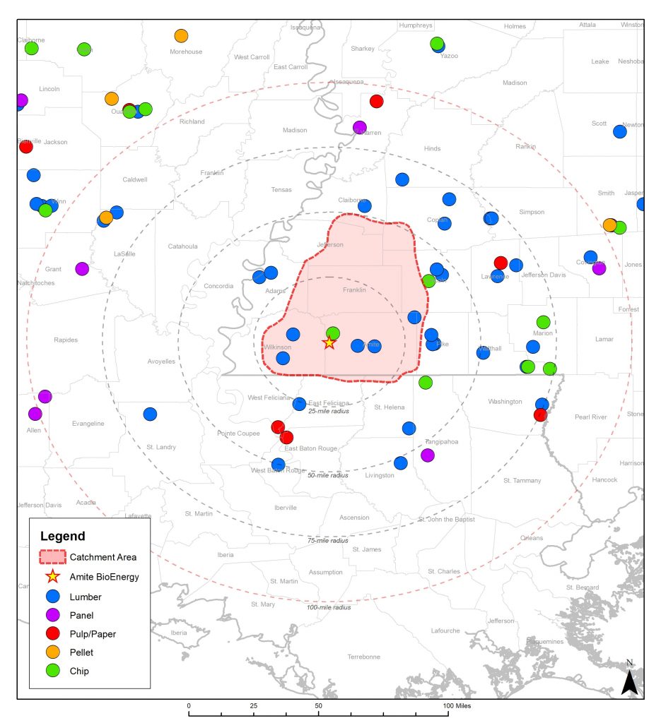 Amite BioEnergy catchment area mill map (2019)
