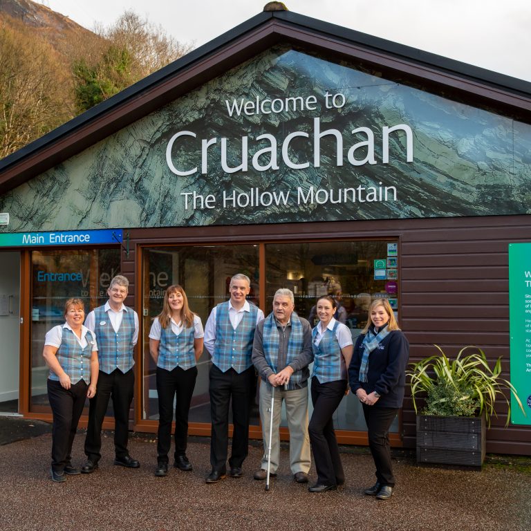Ian MacLean (CR), Ian Kinnaird (C), and Sarah Cameron (R) and visitor staff at Cruachan visitor centre.