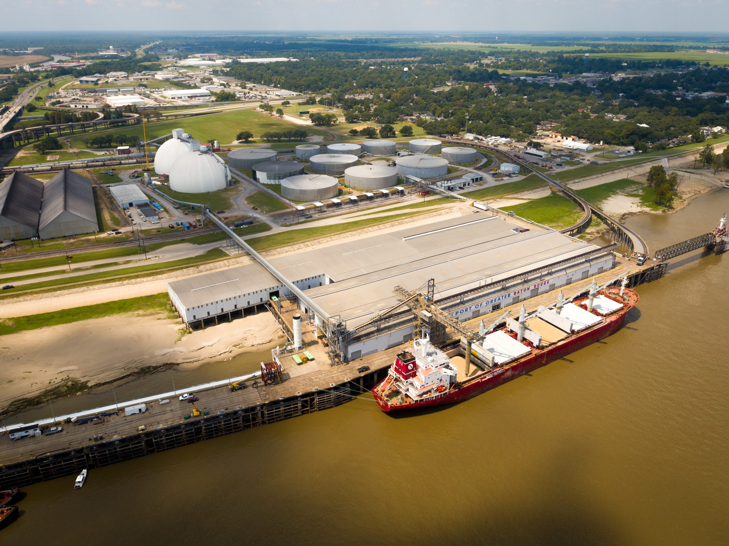 Sustainable biomass wood pellets being safely loaded at the Port of Greater Baton Rouge onto a vessel destined for Drax Power Station
