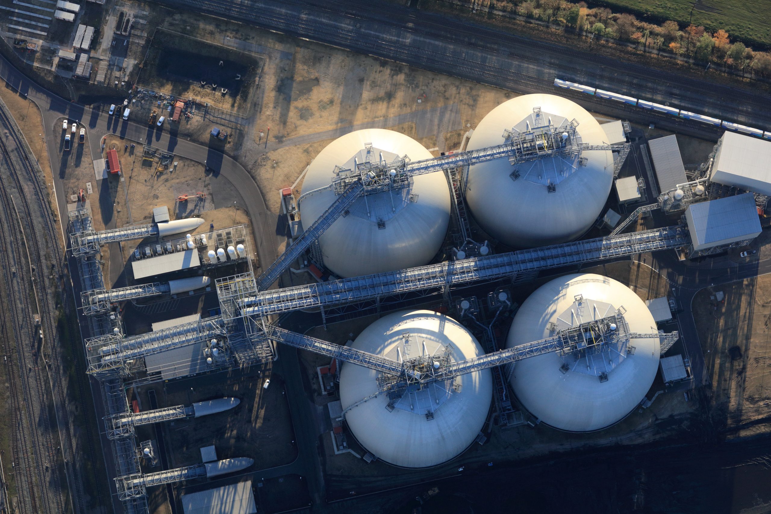 Aerial photo of biomass storage domes, Drax Power Station