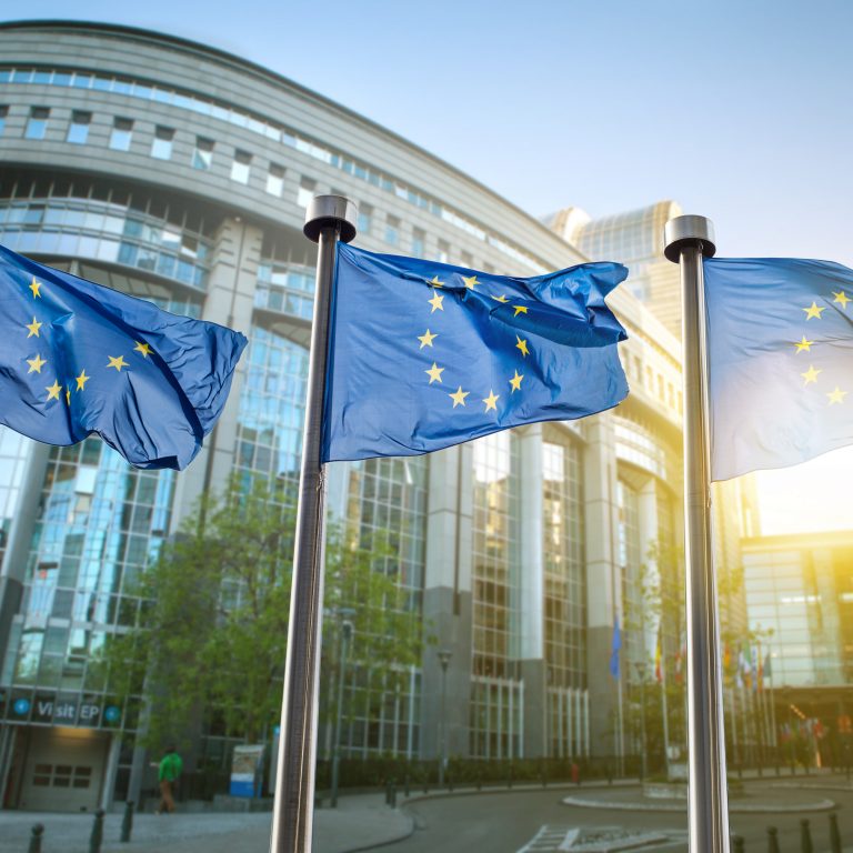 European union flag against parliament in Brussels, Belgium