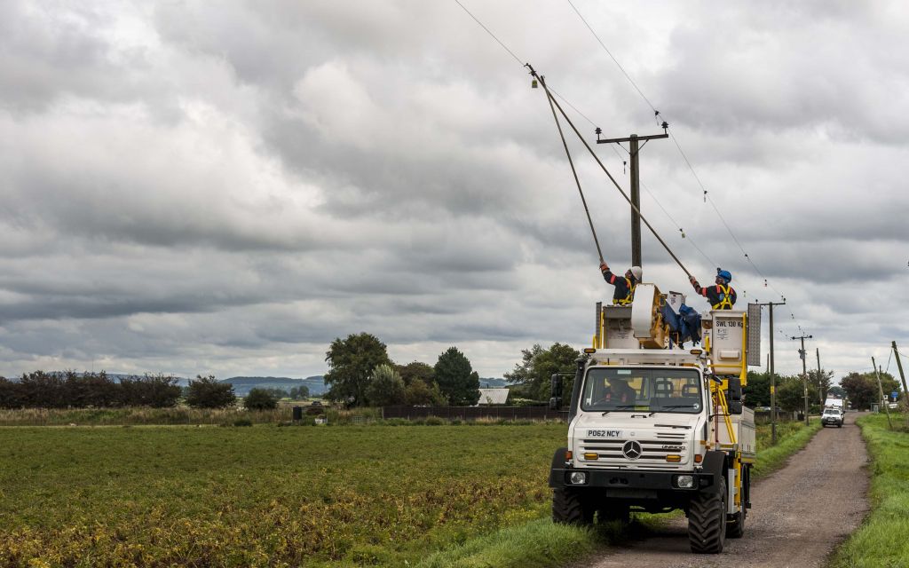 Engineers from Electricity North West fixing electricity wires.