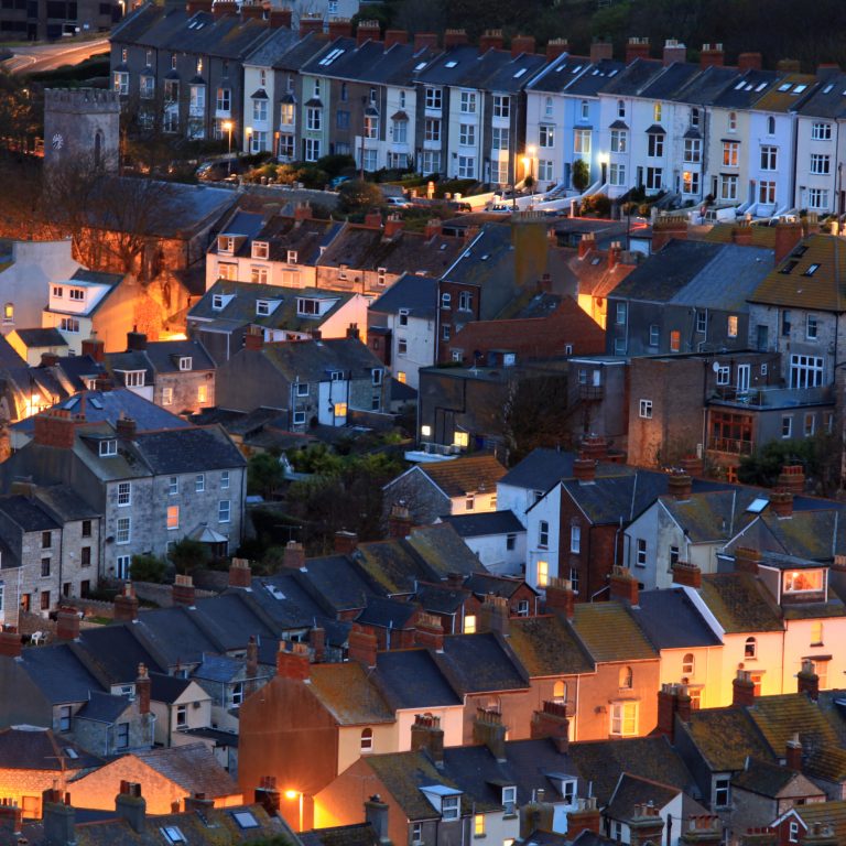 Terraced houses at night time on portland dorset