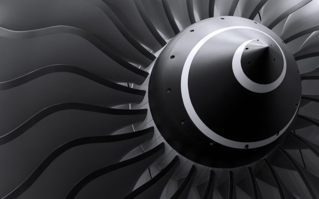 Turbine blades of turbo jet engine for passenger plane, aircraft concept, aviation and aerospace industry