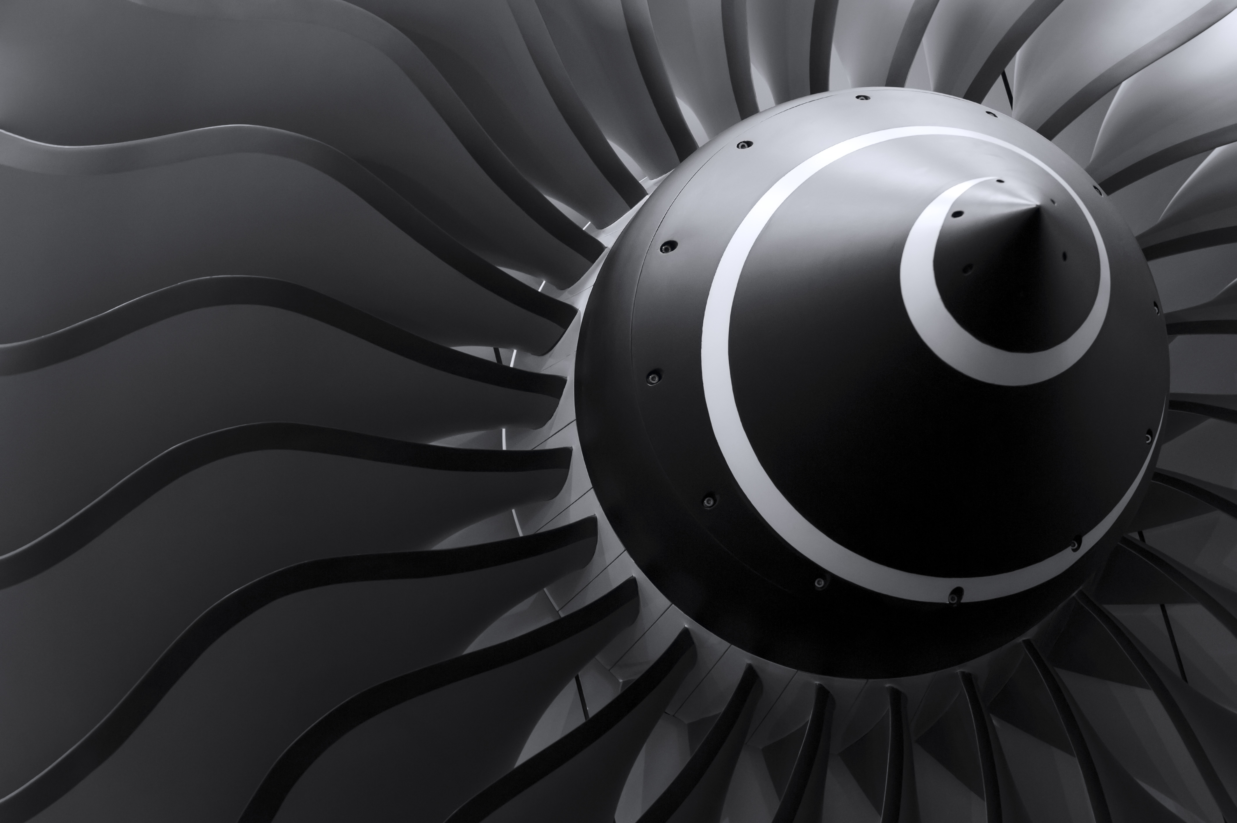 Turbine blades of turbo jet engine for passenger plane, aircraft concept, aviation and aerospace industry