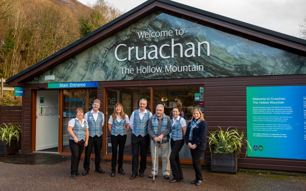 Ian MacLean (CR), Ian Kinnaird (C), and Sarah Cameron (R) and visitor staff at Cruachan visitor centre.