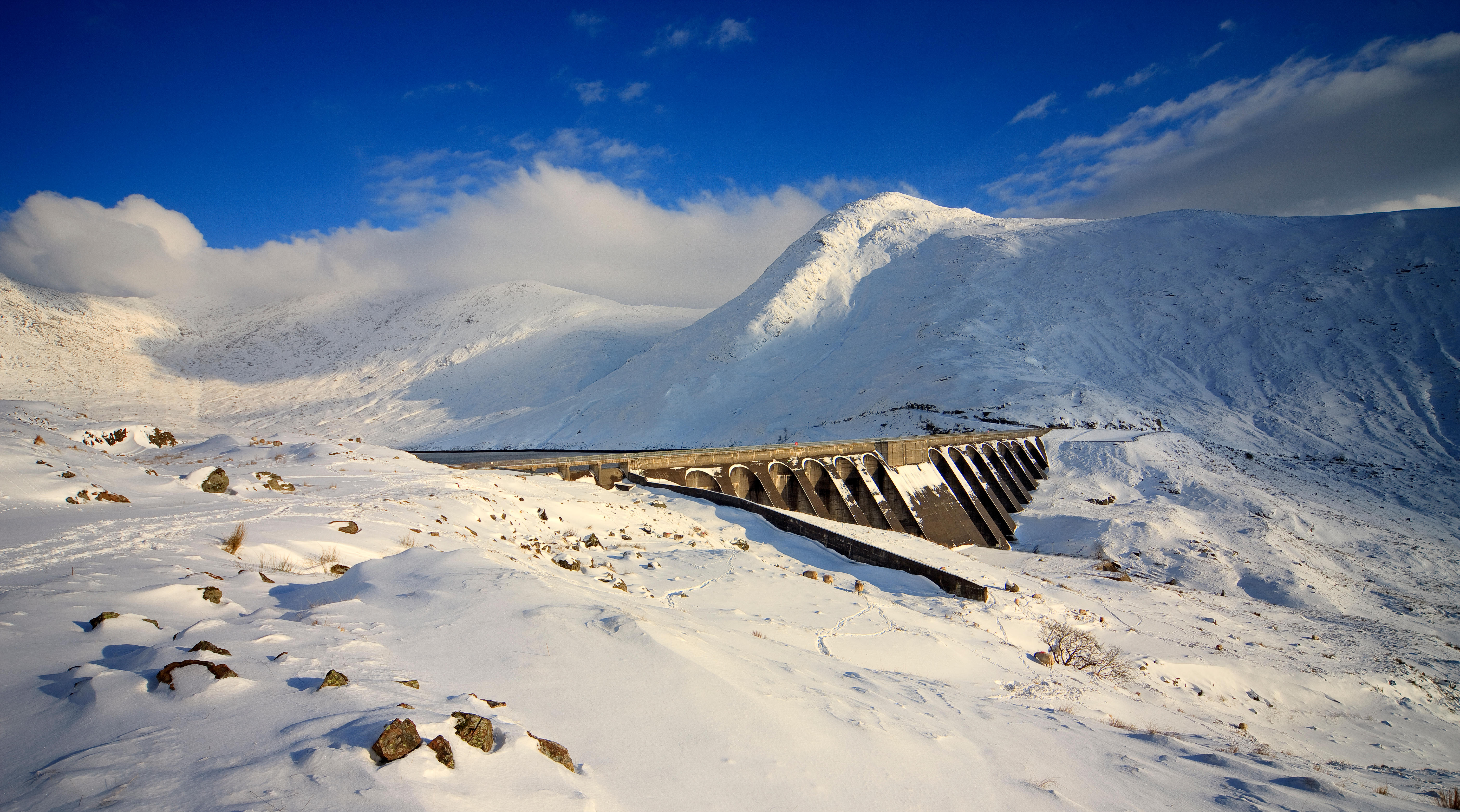 Winter snow scene around the Hydro electric Dam on Ben Cruachan,above Loch Awe, Argyll, Scotland