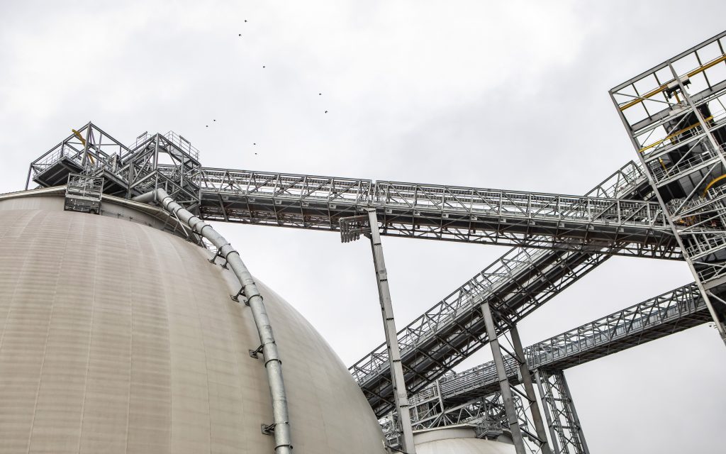 Biomass storage domes and wood pellet conveyor system at Drax Power Station, 2019