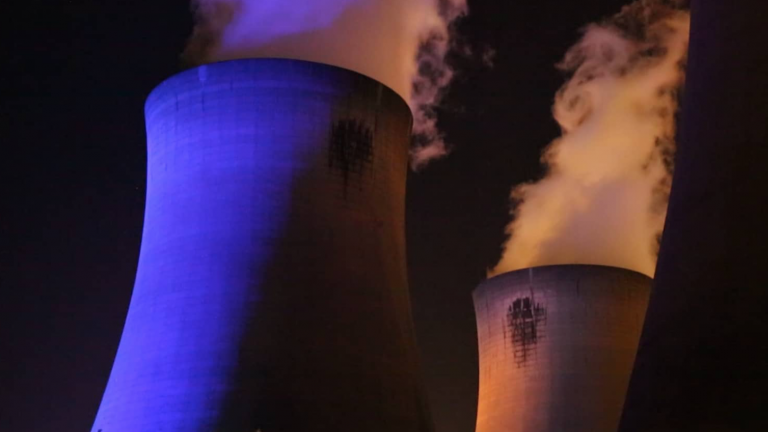 Drax Power Station cooling tower turned blue for the NHS and #ClapForCarers [B-ROLL; APRIL 2020]