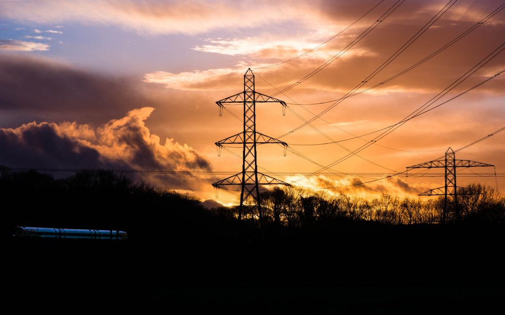 What: Industrial landscape with cables, pylons and train at sunset Where: Somerset, UK When: January 2016