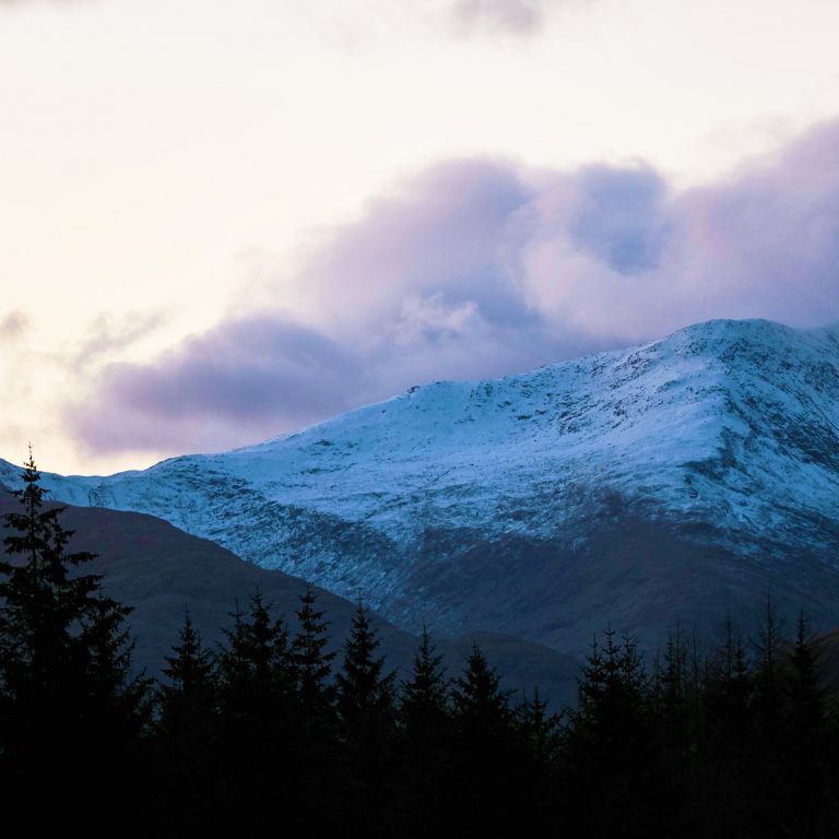 Snow on mountains near Cruachan Power Station, Scotland