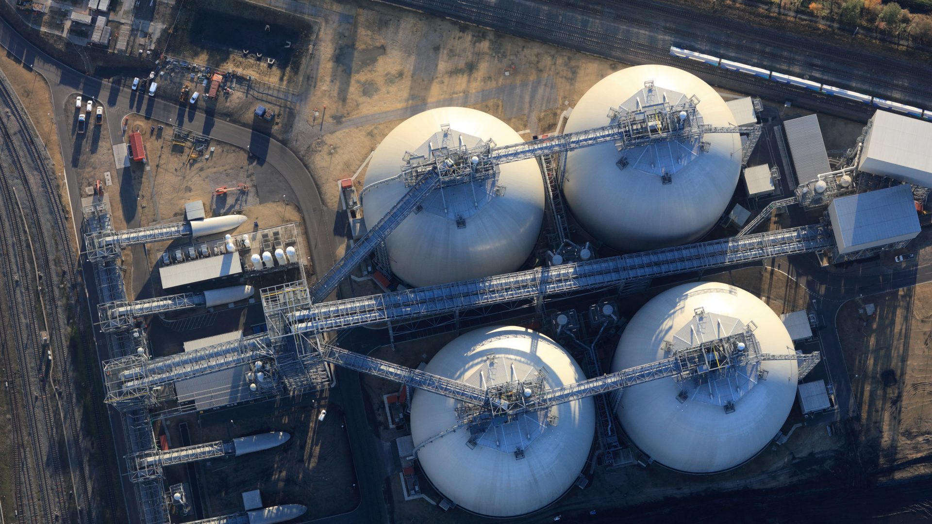 Aerial photo of biomass storage domes, Drax Power Station