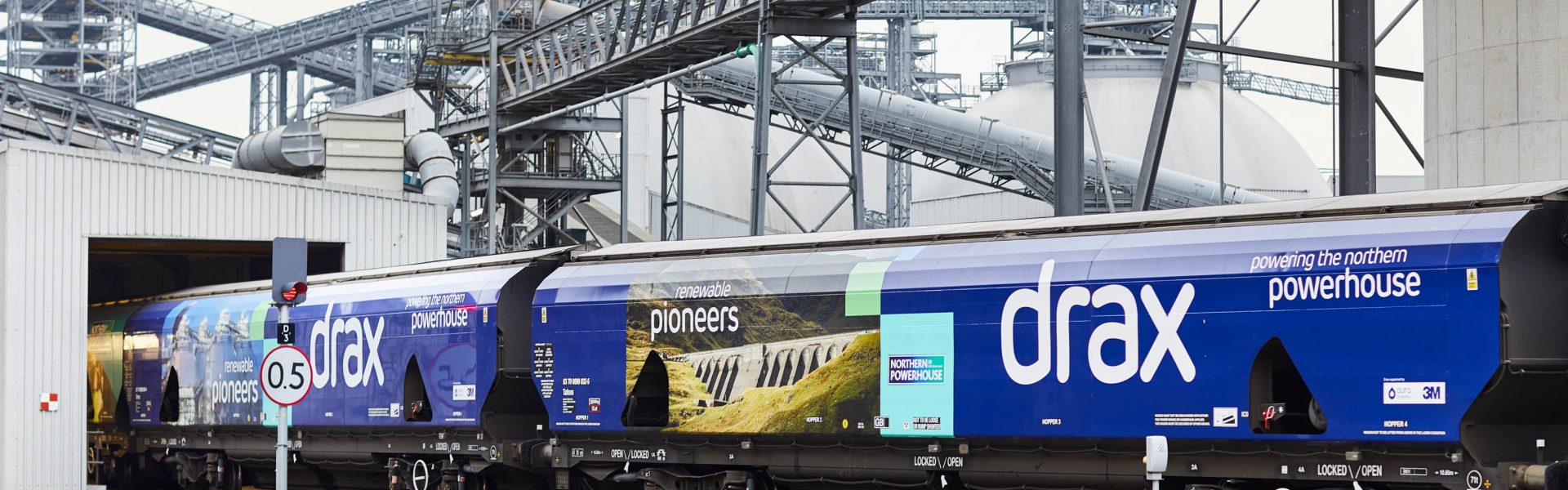 Train carrying sustainably sourced compressed wood pellets arriving at Drax Power Station in North Yorkshire