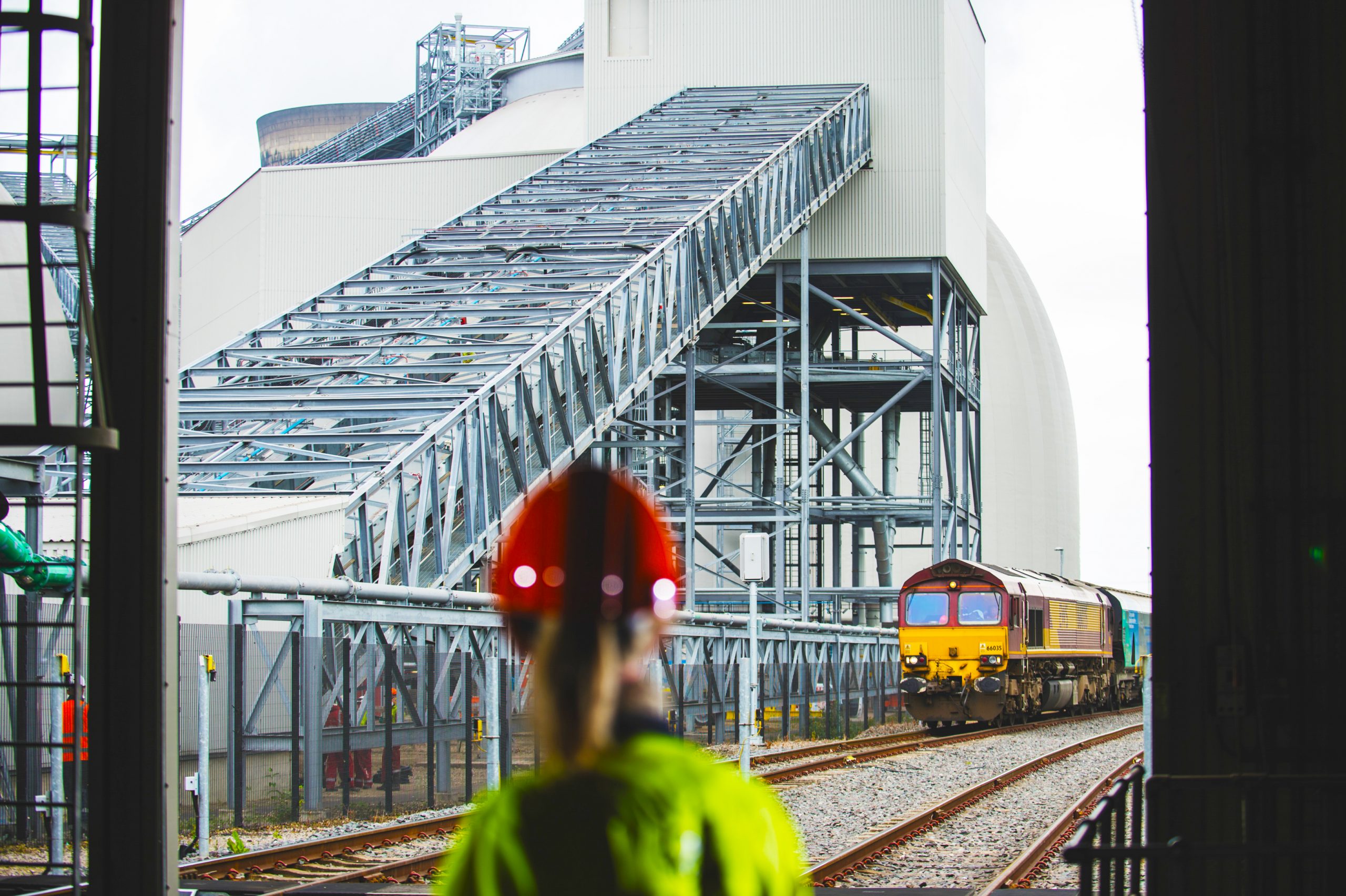 Watching a biomass train as it prepares to enter Drax Power Station's rail unloading building 2 (RUB2)