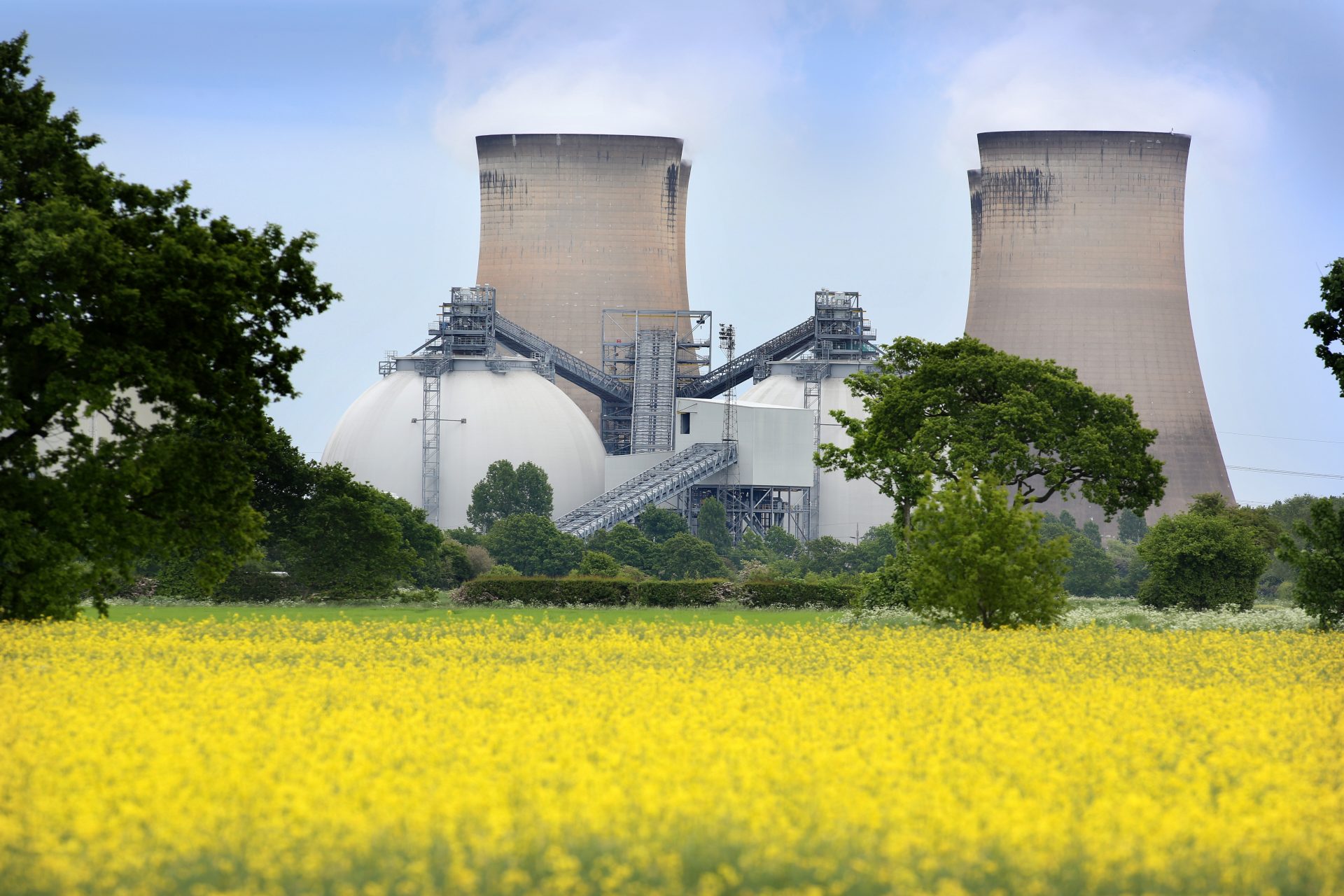 Biomass storage domes and water cooling towers at Drax Power Station in North Yorkshire