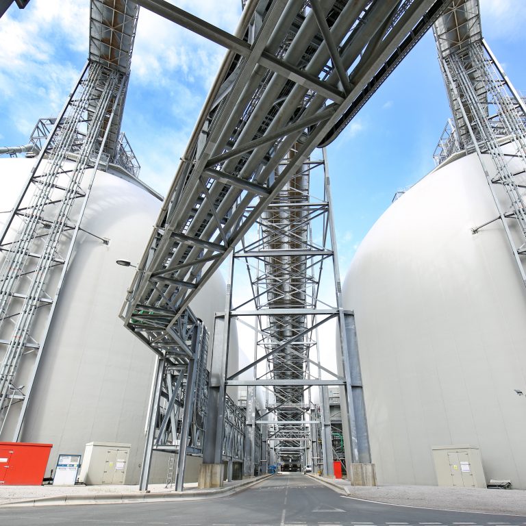 Sustainable biomass wood pellet storage domes at Drax Power Station in North Yorkshire