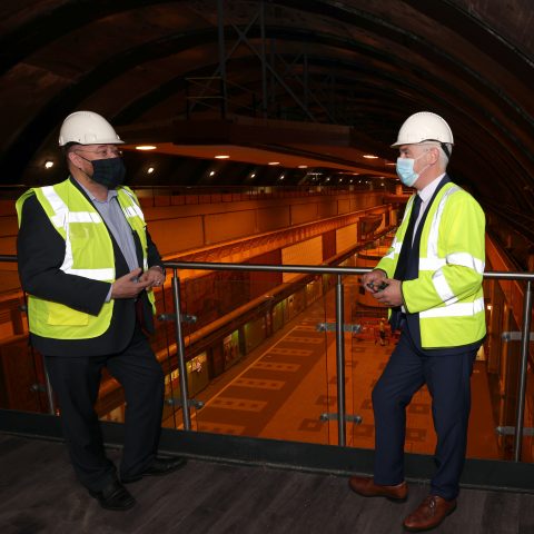 UK Government Minister for Scotland, David Duguid (L), and Drax Group’s Ian Kinnaird (R) with Cruachan Power Station’s generating units behind them.